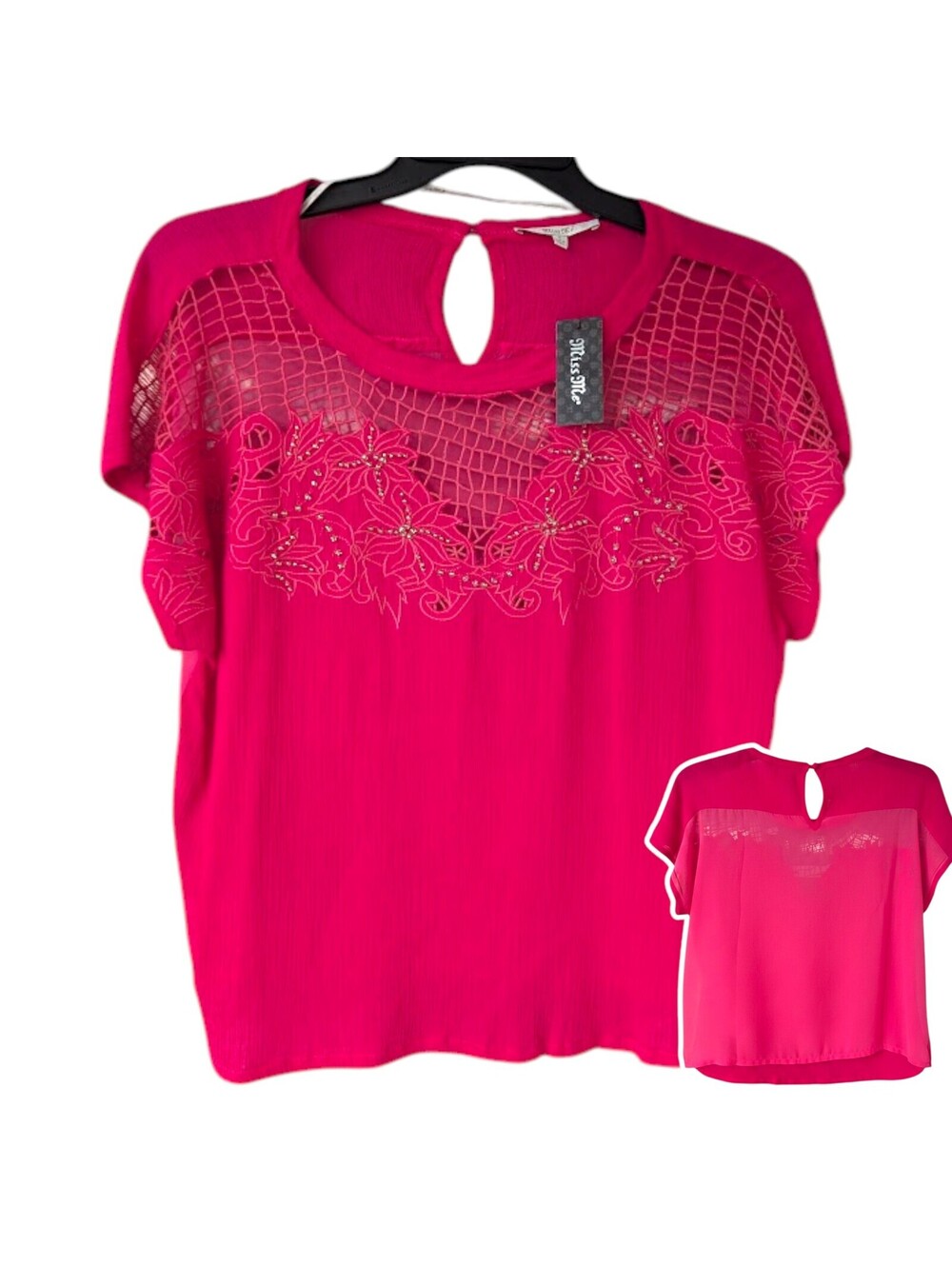 NWT Miss Me Womens S Pink Floral Embroidered Sheer Yoke Cami Tank Top 21x23.5
